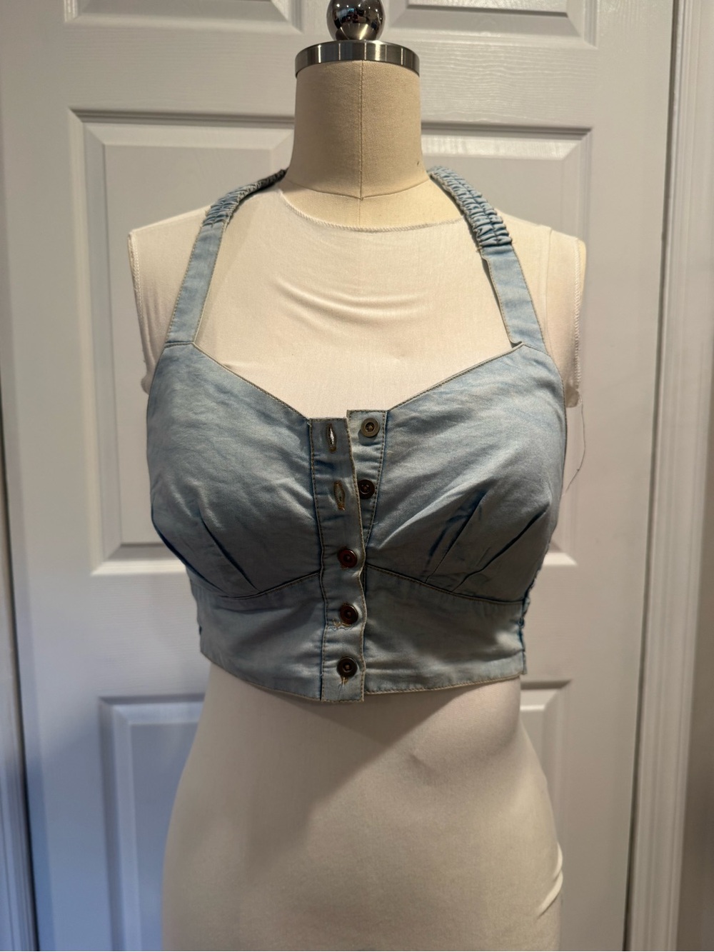 Light Blue Denim Halter Crop Top with Button Front